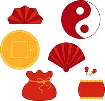 Graphic CNY elements set. red fav, bag, drum, gold coin and ying yang illustration on transparent background. New Year's Eve dinner, and festive decorations vector