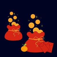 Red bag with golden coins, red envelope set of compositions on dark background. graphic illustration, Chinese New year symbol vector