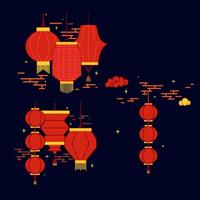 Set of Chinese red paper lanterns, night compositions. Festive themes, cultural presentations, decorative purposes. Moon Festival graphic illustration vector