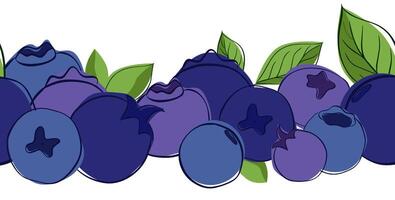 Outline graphic natural seamless border with blueberries and leaves. horizontal template vector
