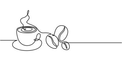 One continuous line drawing cup of coffee with coffee beans a cup of coffee simple outline vector
