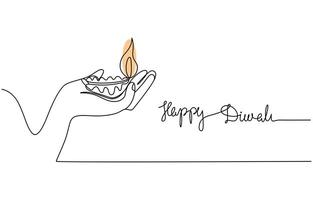 Hand holding continuous one line drawing oil lamp candle burning flame vector