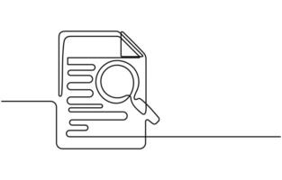 Paper document with magnifying glass continuous one line drawing vector