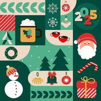 Christmas festive modern geometric pattern background in Minimalistic style. Xmas icons elements with geometric seamless pattern for holiday design packaging, wallpaper, banner, social media. vector