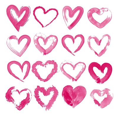 Watercolor hearts shapes set. Valentine's Day card templates, icons, signs, badges, design elements collection. Watercolor editable brushes grunge style collection.Hand brush drawn doodle heart