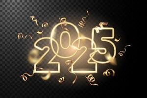 2025 Glowing festive numbers with Confetti ribbons gold color on festive dark New Year background banner. Happy New Year 2025 Card, Background. illustration vector