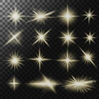 Bright flashes of light, glowing stars overlay effect for banners and designs set on a transparent background.Transparent shining stars of different shapes with rays . glowing light explodes vector
