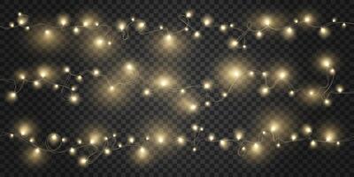 Garlands with Warm glowing lights set elements on a transparent background for Christmas Holiday. String of golden lights set.Festive garlands of bright LED lights. Illuminated holiday border. vector