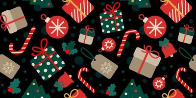 Abstract Christmas seamless pattern with gifts, tree decorations for Xmas and new year holidays. Festive Xmas pattern for paper, textile, wrapping paper, banner, web design, wallpaper. vector