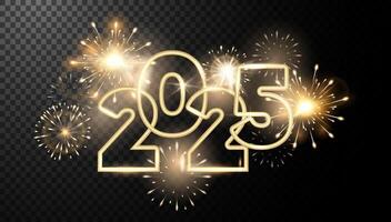 New Year golden fireworks and golden numbers 2025 luxury background. Celebration New Year's Eve element for holiday design. Happy New Year Banner with Golden numbers date 2025 and fireworks . vector