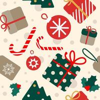 Christmas festive seamless pattern in simple flat style and traditional colors. Christmas and New Year seamless background for wrapping paper, wallpaper, print, textile, packaging design. vector