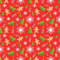 Cute seamless of gingerbread cookie with pine tree and candle light on white snowflake and starburst on red wallpaper and background. Christmas and new year holiday concept vector