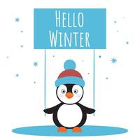 Adorable penguin holding sign with text Hello Winter vector