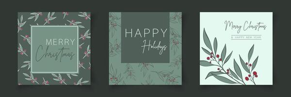 Christmas cards set with branch elements in line art style. Botanical banner xmas frame. Editable for sale, card, social media, banner, poster, flyer, web, slide, presentation . vector