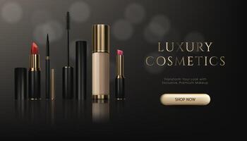 A 3D realistic banner for makeup products like lipstick, mascara brush, eyeliner, foundation cream with reflection, elegant design in black, gold tones. With bokeh. Perfect for cosmetic ads. Not AI. vector