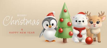 A 3D collection of cute Christmas animal mascots, featuring a penguin, reindeer, polar bear, and Christmas tree. Festive, red hats, gestures, winter vibes, perfect for greetings and banners. Not AI. vector