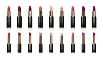 A realistic 3D lipstick set in various glossy colors, elegant red and pink shades. Sleek tubes with a shiny finish, isolated on a white background. Perfect for beauty and fashion designs. Not AI. vector