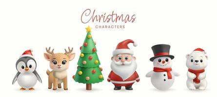 A 3D set of cute Christmas characters, including Santa Claus, a snowman, reindeer, penguin, and polar bear, all in festive red and white. Cartoon style, smiling, isolated holiday icons. Not AI. vector