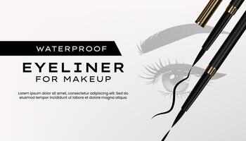 A 3D eyeliner banner showcasing a sleek, black cosmetic pen with liquid liner and a brush applicator, set on a stylish, abstract background. Perfect for luxury beauty and makeup ads. Not AI. vector