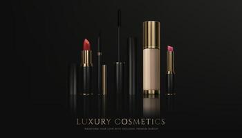 A 3D realistic set of makeup products including lipstick, mascara brush, eyeliner, foundation cream with reflection, elegant design in black, gold tones. Perfect for cosmetic ads. Not AI. vector