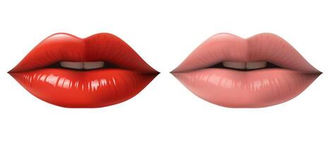 Red glossy lips A 3D realistic and pale lips. Before and after 3D realistic lips. Transformation and beauty achieved through cosmetic procedures. Not AI. vector