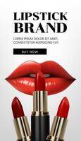 A 3D realistic luxury lipstick in a gold and black tube, elegant background with red tones, ideal for premium cosmetic ads. Not AI. vector