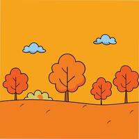 Cartoonstyle autumn scene. Orange trees on a gently sloping hill under a light orange sky with fluffy clouds. Simple, charming fall illustration. vector