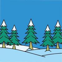 Simple illustration of five snowcapped evergreen trees on a snowy landscape under a clear blue sky. Cartoonish style. vector