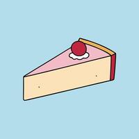 A cartoon illustration of a single slice of strawberry cheesecake, featuring a cherry on top. The light pink topping and yellow base are clearly defined, and its set against a pale blue background. vector