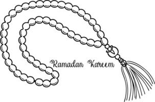 line drawing of prayer beads with a tassel, the words Ramadan Kareem are written below. vector