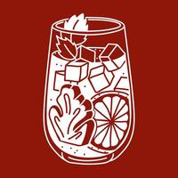 glass of grapefruit juice with ginger, mint and ice cubes on burgundy. white silhouette is an autumn drink with vitamins. Cocktail of red, burgundy color in flat style white. Contrasting illustration vector