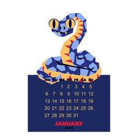 January calendar for 2025 with a snake in the colors of Future Dusk. New Year of the snake. Lunar New Year or Chinese New Year. blue curved snake on a dark. character about animals of the zodiac vector