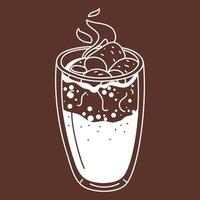 A mug of hot chocolate with marshmallows on a brown background. A winter soft drink with cocoa in a flat design. Silhouette of an airy glass glass with a warm drink. A separate illustration vector