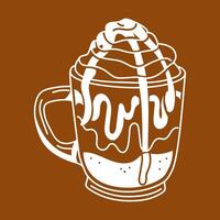 mug of iced latte with caramel and whipped cream and caramel syrup. Brown coffee summer soft drink with air cream and syrup on a white background. glass glass with a refreshing drink. Isolated vector