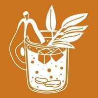 A glass of orange-pear cocktail with ginger and ice cubes on orange. The silhouette of a winter soft drink with flat pieces of fruit. A glass glass with a refreshing drink. A separate illustration vector