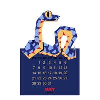 July calendar for 2025 with a snake in the colors of Future Dusk. New Year of the snake. Lunar New Year or Chinese New Year. a blue curved snake on a dark. a character about the animals of the zodiac vector