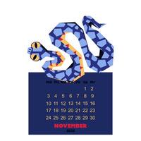 November calendar for 2025 with a snake in the colors of Future Dusk. New Year of the snake. Lunar New Year or Chinese New Year. a blue curved snake on dark. character about the animals of the zodiac vector