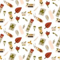The pattern is different containers with branches, twigs, seeds inside. Home floristry for memory. A small jar, a box for storing memorabilia. Herbarium packaging, dried flowers. illustration vector