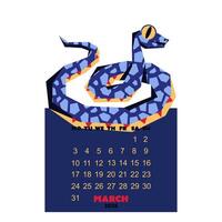 March calendar for 2025 with a snake in the colors of Future Dusk. New Year of the snake. Lunar New Year or Chinese New Year. blue curved snake on dark. character about the animals of the zodiac vector