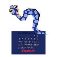 february calendar for 2025 with snake in the colors of Future Dusk. New Year of the snake. Lunar New Year or Chinese New Year. a blue curved snake on a dark. character about the animals of the zodiac vector