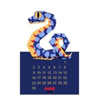 June calendar for 2025 with a snake in the colors of Future Dusk. New Year of the snake. Lunar New Year or Chinese New Year. blue curved snake on a dark. a character about the animals of the zodiac vector