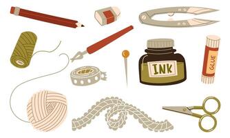 set of scrapbooking accessories. Tools, materials and equipment for handwork, needlework and creative hobbies. Pencil, tape, ink, scissors. collection of flat illustrations isolated on a white vector