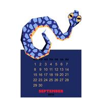 september calendar for 2025 with snake in the colors of Future Dusk. New Year of the snake. Lunar New Year or Chinese New Year. blue curved snake on a dark. character about the animals of the zodiac vector