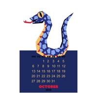 october calendar for 2025 with a snake in the colors of Future Dusk. New Year of the snake. Lunar New Year or Chinese New Year. a blue curved snake on a dark. character about the animals of the zodiac vector