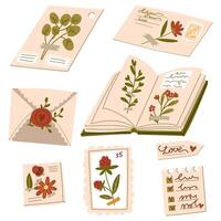 A set of flat illustrations depicting leaves from a herbarium in a book, on a page, a postage stamp, an envelope. A twig, a flower in the catalog. decorative element of floral design, adhesive tape vector