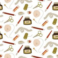 A scrapbooking pattern. Tools, materials and equipment for handwork, needlework and creative hobbies. Pencil, tape, ink, scissors. A package of flat illustrations on a white background. vector