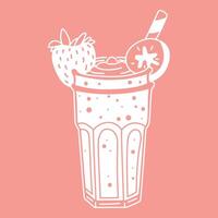 glass of strawberry-banana smoothie with straw on pink. White silhouette of summer soft drink with pieces of fruits and berries in flat shape. glass glass with refreshing drink. separate illustration vector