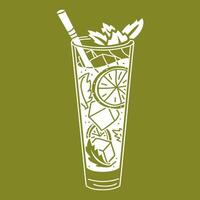 A glass of cold mojito with lime, mint and a straw on the green. Silhouette of a spring soft drink with pieces of fruit. A glass glass with a refreshing drink. A separate illustration vector