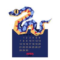 april calendar for 2025 with snake in the colors of Future Dusk. New Year of the snake. Lunar New Year or Chinese New Year. a blue curved snake on a dark. character about the animals of the zodiac vector