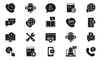 Customer Support Services Silhouette Icon Set. Global Communication and FAQ Tools Glyph Symbol. 24 7 Assistance Sign. Isolated Illustration vector